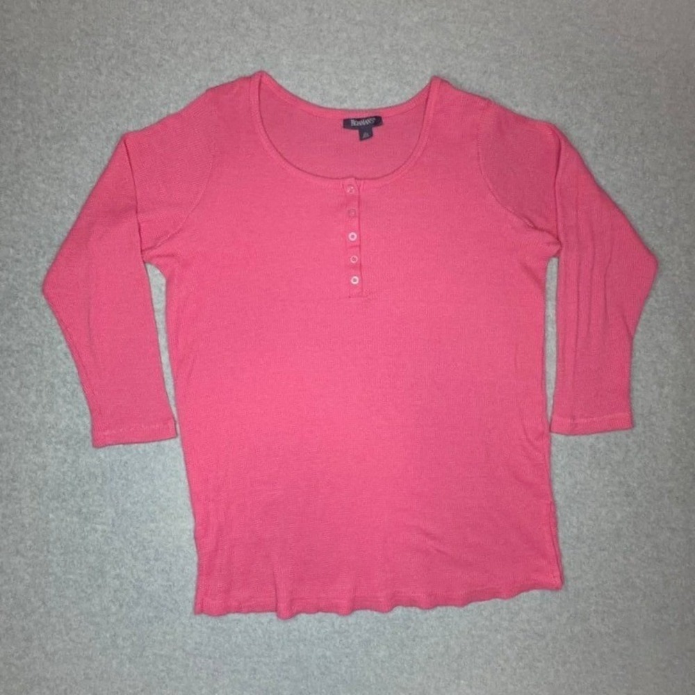 Roamans Pink Waffle Knit Henley Top Womens L 18/20 Thermal Long Sleeve Shirt